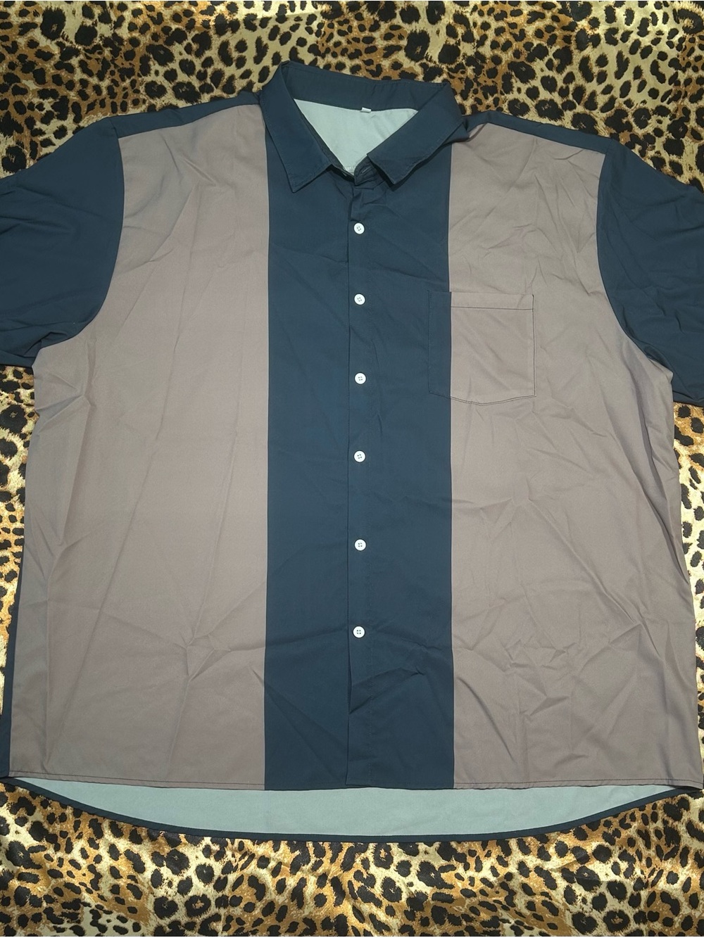 SHEIN Blue & Taupe Colorblock Button Down Bowling Shirt